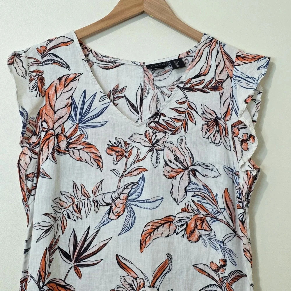 Tahari 100% Linen Tropical Floral Mini Dress Sz M Beach Boho Print Ruffle‎ Shift